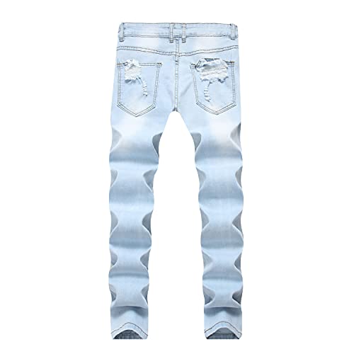 Men's Floral Embroidered Skinny Destroyed Pants Vintage Style with Broken Holes Denim Jeans Stretch Fit Jean Trousers (Light Blue,38)2