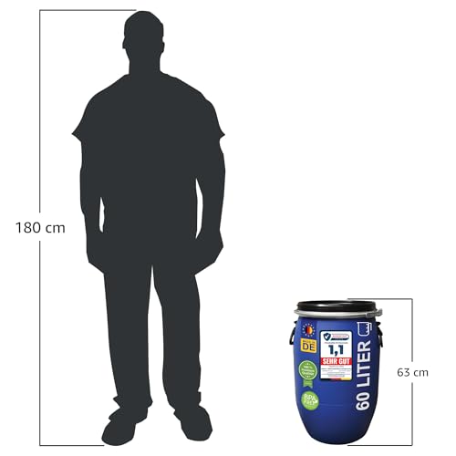 plasteo® 60 Liter Deckelfass Weithalsfass mit Spannverschluss | Futtertonne | Universalfass | Lagerfass | Campingfass | Transportfass | Regenfass | Stapelbar | IKG Gütezeichen | Blau