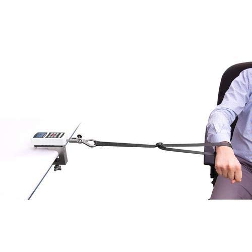 Mark-10 EKM5-200 Myometer Kit set up on a table, with the force gauge mounted and a strap attached to a person's arm for a strength test.