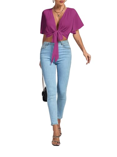Image of LYANER Women's Sexy Deep V Neck Tie Front Wrap Cropped Blouse Bell Short Sleeve Ruffle Crop Tops