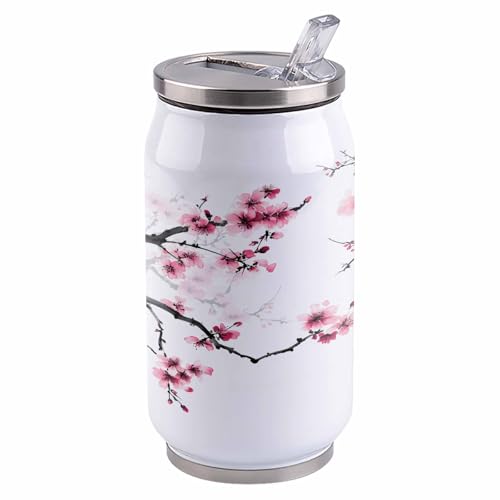 コーラカップ 和風 花 桜の木 水彩 田園 タンブラー ストローカップ 蓋付き ステンレス 魔法瓶 水筒 ボトル 車用 自宅用 携帯便利 直飲み 真空 保冷 保温 漏れ防止 通勤 贈り物 400ml