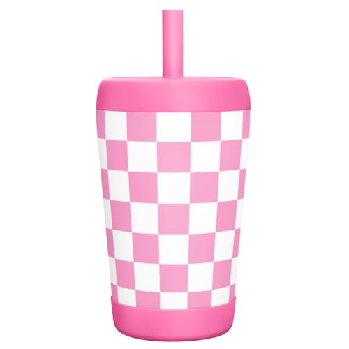 Image of Kid Insulated Stainless Steel Tumbler with Silicone Straw, 12oz Sippy Cup for Kids (Pink Checkerboard)
