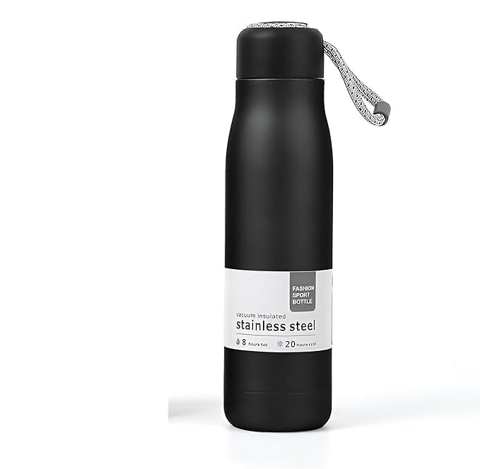 VANSHORA Vacuum Insulated Stainless Steel Water Bottle Hot Cold Thermal Flask Bottle with Strap Leak Proof Sports Water Bottle Travel Flask for Gym Office Outdoor Use Black