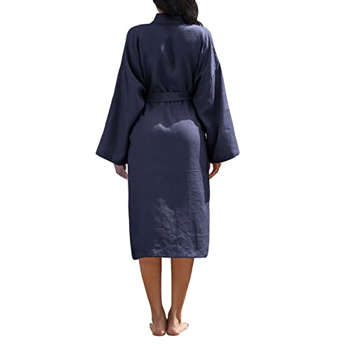 Image of Amazhiyu Womens Pure Linen Mid Length Kimono Robes Lightweight Long Sleeve Bathrobe