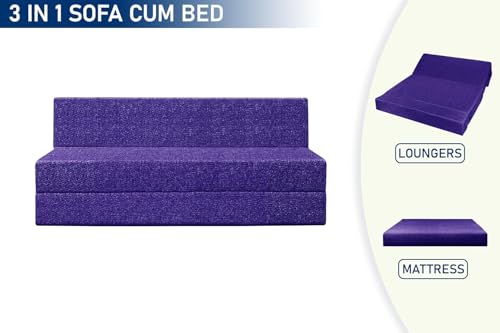 Image of DIVISHA HOMES Foldable 3 Seater Sofa Cum Bed, Sofa Bed 5 X 6 Feet, Jute Fabric- Washable Cover- Including Three Cushion Perfect for Home & Office - Purple Color