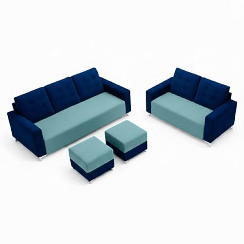 Image of Hakuna Dual Tone Plush Velvet 3 Seater + 2 Seater Sofa Set with 2 Ottoman | Silken Velvet Suede Upholstery | Designer Sofa for Living Room & Office Spaces (Dark Blue & Sky Blue)