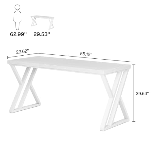 Image of Tribesigns Writing Computer Desk, 55 inch Heavy Duty Study Desk with Z-Shaped Metal Leg, Modern Simple Home Office Computer Desk, White