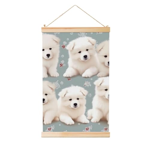 Décoration murale petits chiens blancs grand format 91x61cm cadre bois toile
