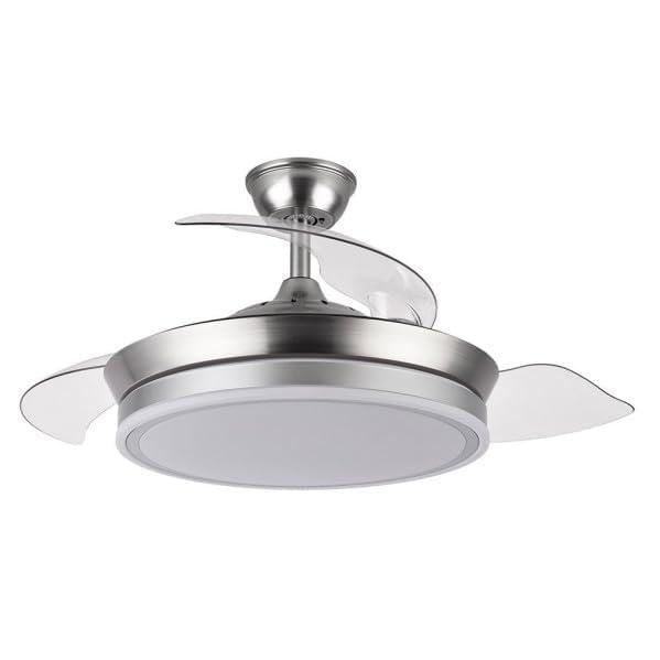 Ventilador DC Bayomo Niquel, potente y eficiente con 72W y 6120lm. Ajusta la luz a 3000K, 4000K o 6000K. Incluye control remoto, temporizador y memoria para un uso personalizado.