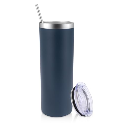 Volhoply 600ml (20oz) Skinny Tumbler with Lid and Straw, Stainless Steel Straight Tumblers Cup, Vacuum Insulated Coffee Mug for Home, Office, Travel, DIY (Navy,1 Pack)