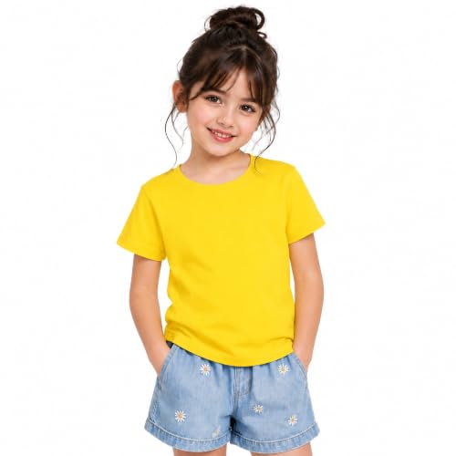 Image of Kids Round Neck Girls Tshirt | Short Sleeves | Natural Organic 100% Cotton Soft Comfortable Fabric | Plain Color Original Branded Half Sleeve | School t-Shirt for Girl Kid | Sleepwear Everyday Casual