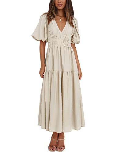 Lucrosun Women's Summer V Neck Short Puff Sleeve A Line Tiered Midi Dress
