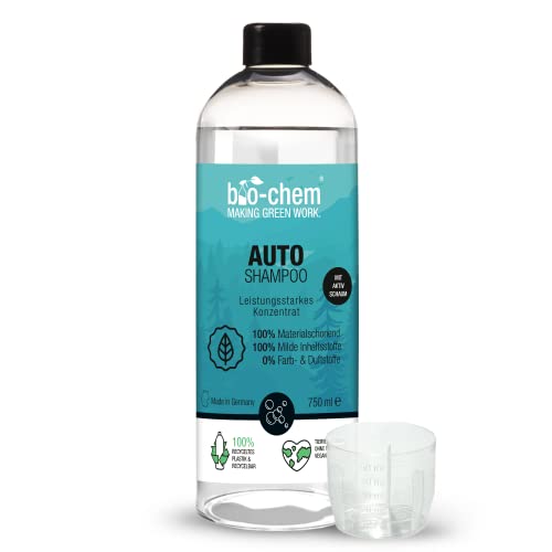 bio-chem AutoShampoo biologisch abbaubar – 750 ml – pH-neutrales Konzentrat – Kraftvoll gegen Schmutz, schonend zum Lack – greift Wachs-Versiegelung nicht an - Made in Germany