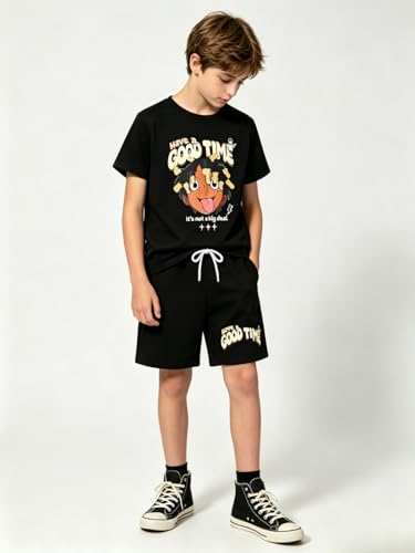 Image of Size 6-12 Years Boys Summer Outfits Set Kids Short Sleeve Top T-Shirt & Shorts Color Block Clothing Sets