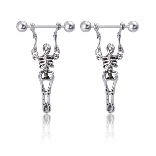 Piercing para pezón con diseño de esqueleto para mujer, acero inoxidable, 16 g, estilo vintage, gótico, calavera, Halloween, gota ligera, piercing para el cuerpo, talla única, Acero inoxidable, No es