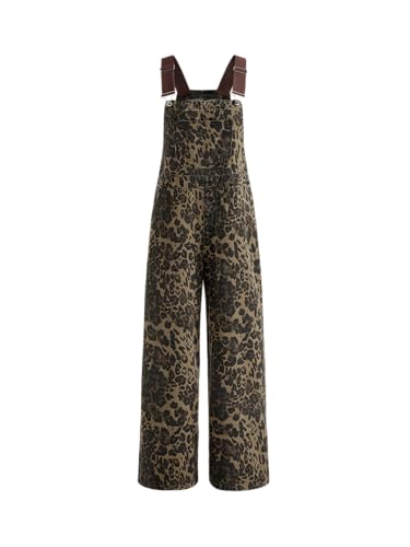 CIDER Overalls for Women Denim Leopard Pocket Buckle Up Wide Leg Jumpsuit: Tan, XL
