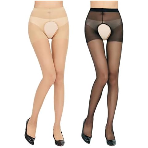 PERAMBRY Sexy Pantyhose for Women Thigh High Silky Stockings Sheer Hollow Out Tights 2 Pack(Black,Nude) Cover