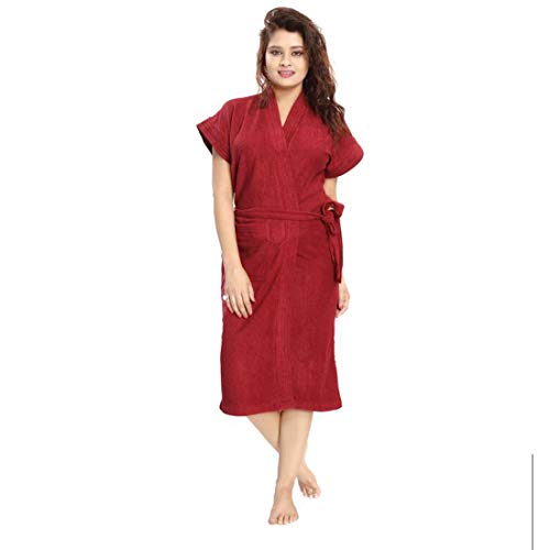 Image of bathrobes terry cotton free size bathrobe for women, bathsuit fit up to 42 inches chest size ladies - Maroon bathrobe