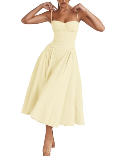 Minetom Damen Sommer Kleid Ärmellose Boot Hals Korsett Bustier Midi Kleid Hochzeit Cocktail Brautkleid Spaghetti Langes Kleider Prinzessin...