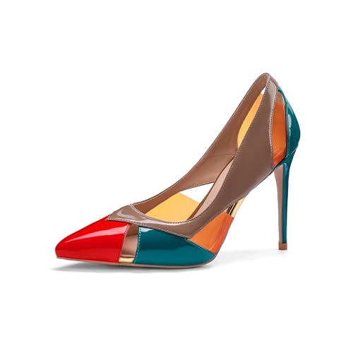 Women's Multicoloured Cutout Stiletto Pumps,Geometric Color Block Pointed Toe High Heels 4 Inch - Main Image