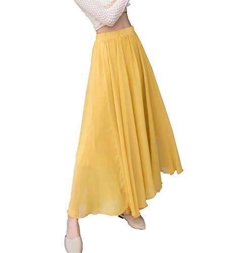 Damen Elegant Chiffon Lang Rock Hohe Taille Fließender Röcke A-Linie Boho Maxirock Strandrock Faltenrock Hochzeit Skirt (Einheitsgröße Gelb)