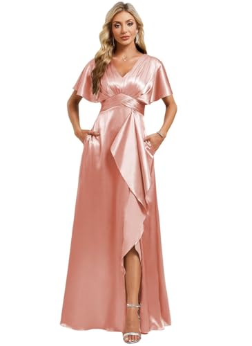 Image of Elegant Satin Bridesmaid Dress with Sleeves Ruffles High Silt Formal Dresses Long for Women Fall DIN022