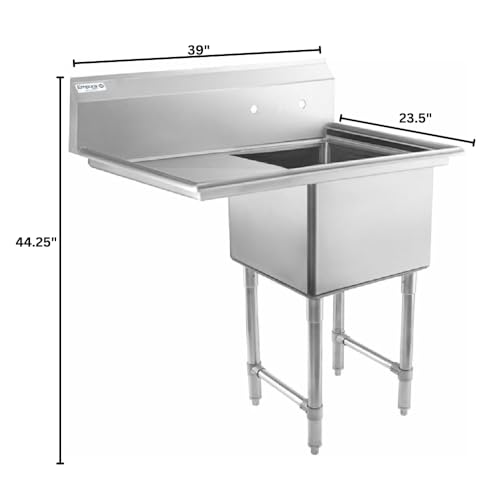 Image of Empura 39 inch Wide Stainless Steel One Compartment Commercial Sink | Utility 18 inch x 18 inch Bowl for Restaurant Laundry Hotel | 18 inch Left Drainboard, 9.75 inch Backsplash, 38.5 inchW x 23.5 inchD x 44.25 inchH, 16 Gauge, NSF