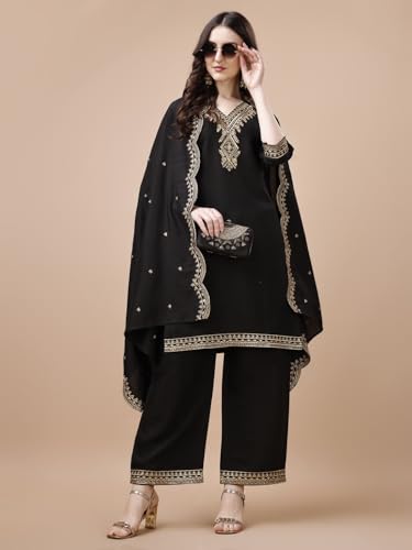 Image of Pratham Blue Kurta Set for Women Silk Embroidered Straight Kurta Set for Women with Palazzos and Dupatta