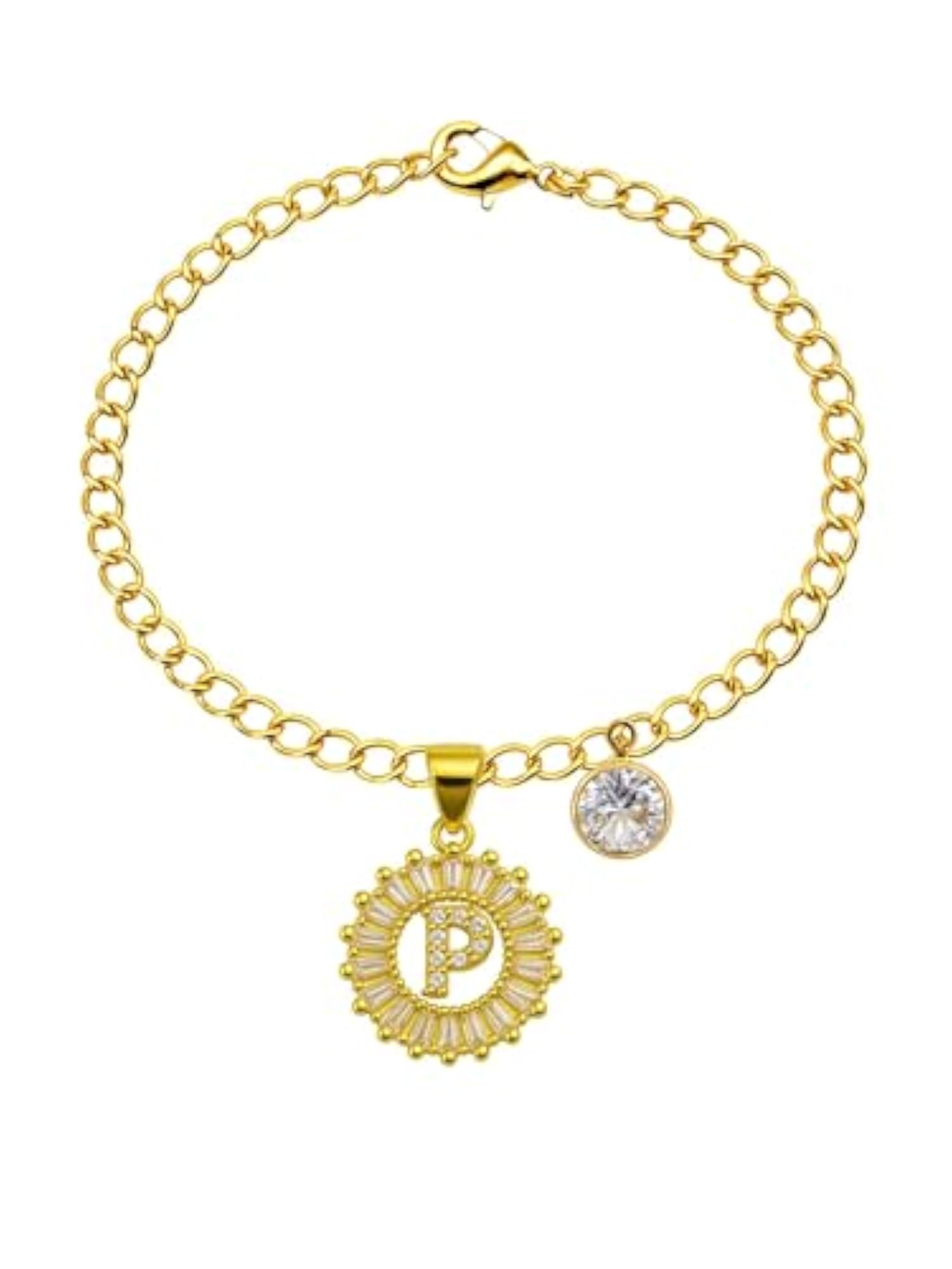 Gold Plated P Alphabet Circular Crystal Charm Bracelet