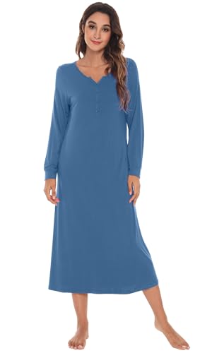 WiWi Nightgowns for Women Viscose from Bamboo Long Sleeve Night Shirts V Neck Sleepwear Sleep Dress with Pockets Prussian Blue X-Large