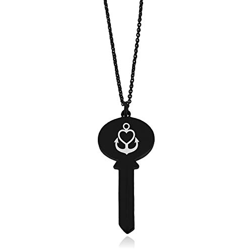 Tioneer Black Stainless Steel Nautical Heart Anchor Oval Head Key Charm Pendant Necklace
