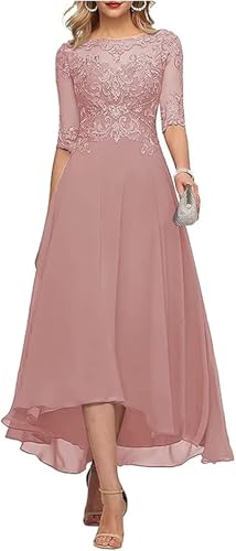 Tea Length Mother of The Groom Dresses for Wedding 1/2 Sleeves Applique Lace Formal Evening Gowns for Women2