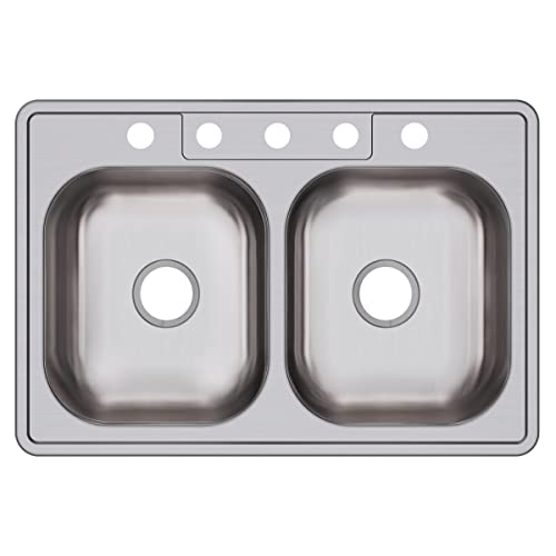 Image of Dayton Stainless Steel 33 inch x 22 inch x 6-9 /16 inch, 5-Hole Equal Double Bowl Drop-in Sink