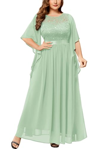 Image of Miusol Women's Plus Size Sequin Lace with Ruffle Cape Cloak Sleeves Elegant Evening Gown Wedding Guest Maxi Dress