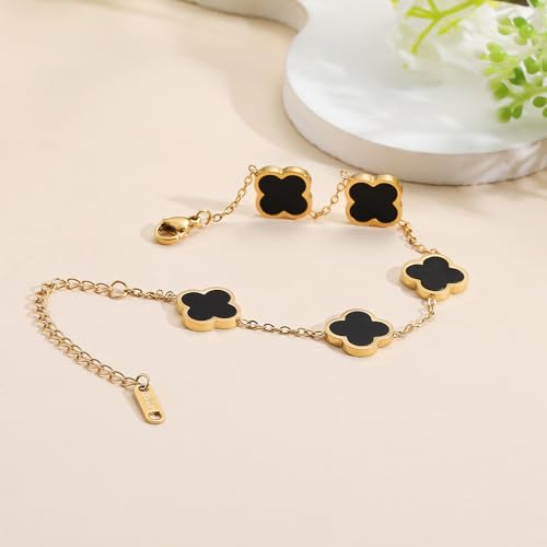Image of AIPPK 18K Gold Plated Clover Lucky Bracelet for Women White /Black /Red /Green Flower Four Leaf Link Bracelets Trendy Jewelry Gifts for Women