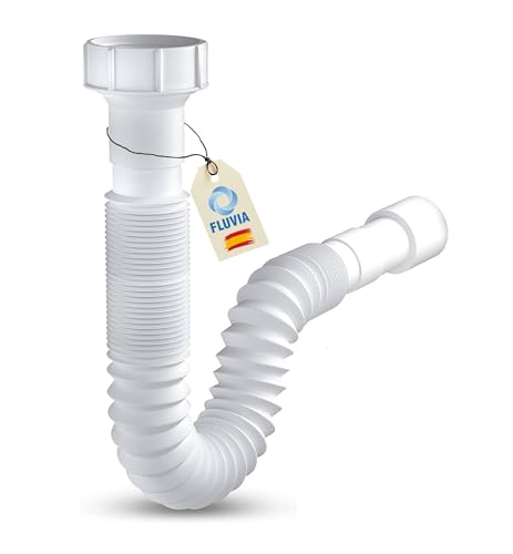 Sifón flexible fregadero y lavabo extensible tuerca loca de 11/2 y 11/4 con boca encolable para 40 y 32 blanco + 2 Plafones embellecedores de 40mm y 32mm. | FLUVIA |