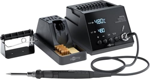 goobay Station de soudage numérique 70 W, 160–480 °C, chauffe en 8 secondes, affichage LED, fonction mémoire, réglage par paliers de 1 °C, fer à souder et accessoires inclus, 78624
