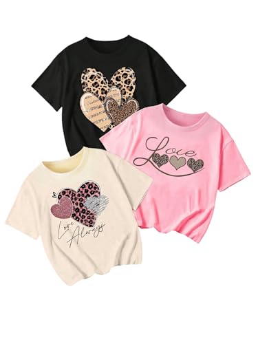 Floerns Girl's 3 Piece Heart Graphic Crew Neck T Shirt Short Sleeve Casual Cute Tee Top