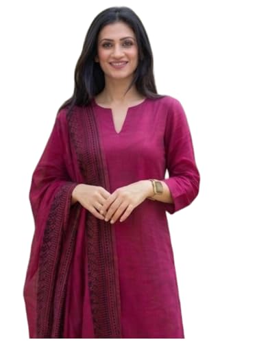 Image of GoSriKi Kurta Set Women Viscose Solid | Kurti Set Woman | Kurta Narrow Pant Dupatta 3 Piece Outfit | Round Neck V-Slit 3 /4 Sleeve Straight Fit Ethnic Wear Ladies Dress Stylish Traditional Clothing