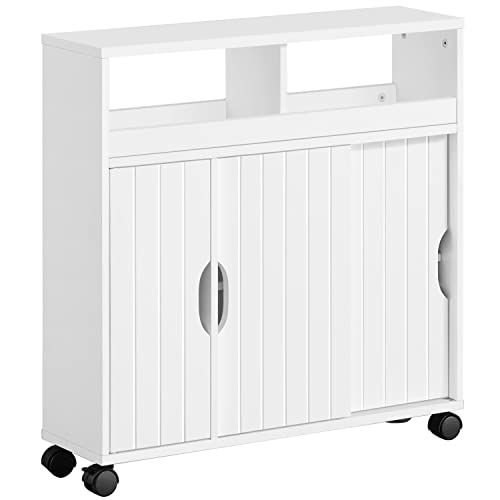 Abician Meuble Rangement Salle de Bain Toilette avec roulettes, Porte Coulissante, Armoire Etroite WC en Bois pour Papier Toilette Blanc