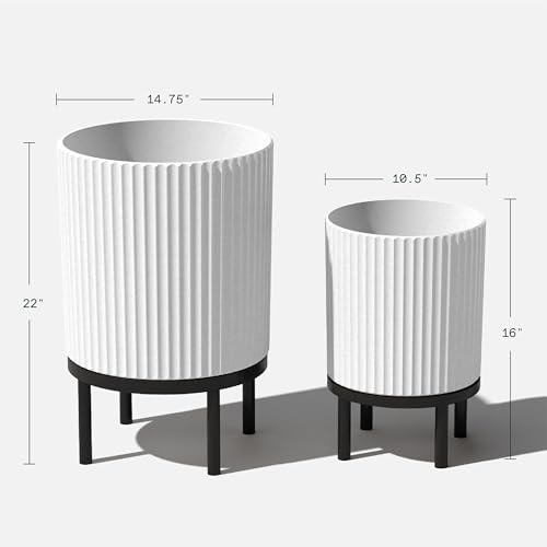 Image of Veradek Demi Series Raised Duo Planters - Set of 2 Planters with Stands | Made From a Durable Plastic-Stone Composite & Comes With Wooden Stand. Modern Porch /Patio Decor