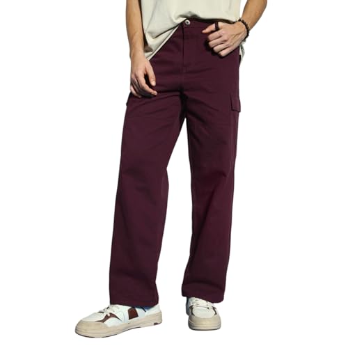Image of Urbano Fashion Men's Loose Baggy Fit Solid Cargo Chino Trouser Pant with 6 Pockets Non-Stretchable