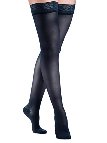Image of SIGVARIS Women's Style Sheer 780 Closed Toe Thigh-Highs w /Grip Top 30-40mmHg - Dark Navy - Large Short
