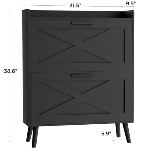 Image of Homleke Farmhouse Shoe Storage Cabinet with Flip Drawers & Barn Door Design | Slim Narrow Shoe Rack Cabinet with Adjustable Shelves & Hidden Storage for Entryway, Foyer, Hallway, Living Room, Black