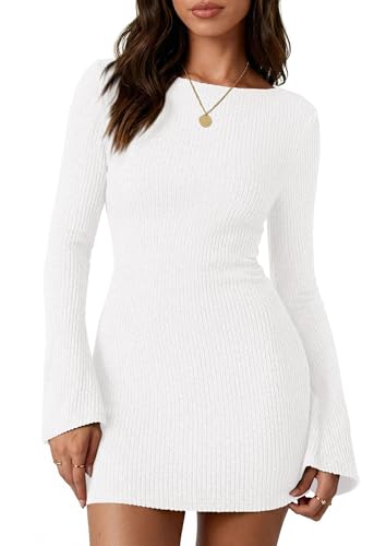 PRETTYGARDEN Womens Fall Bell Long Sleeve Mini Dress 2026 Casual Boat Neck Ribbed Bodycon Short Party Cocktail Dresses (White,Small)