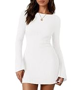 PRETTYGARDEN Womens Fall Bell Long Sleeve Mini Dress 2026 Casual Boat Neck Ribbed Bodycon Short P...