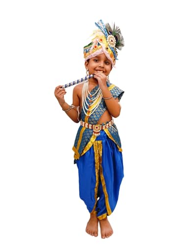 Image of BookMyCostume Krishna Costume with Heavy Jewellery and Pagdi and Brocade - Janmashtami Complete Premium Dress for Baby Kanha Boys & Girls - Light Blue 0-6 M