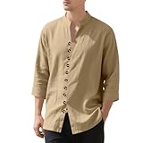 Freizeithemd Herren Leichte Mode Einfarbig Knopfleiste Hemd Temperament Klassisch Vintage Langärmeliges Shirt G-Khaki M