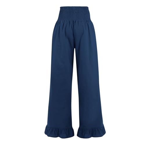 Image of Womens Linen Palazzo Pants Ruffle Hem Drawstring Boho Trousers Beach Travel Vacation Outfits