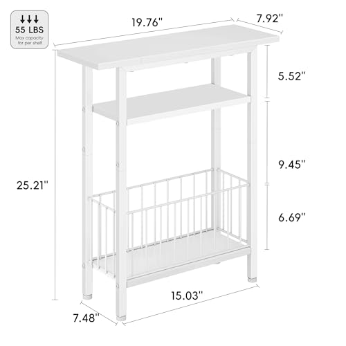 Vagusicc Narrow Side Table, Skinny Side Table for Couch, 3-Tier Small End Table for Small Spaces, Bed Side Tables with Storage, 25.2\" Tall Slim Nightstand Bedside table for Living Room, Bedroom, White